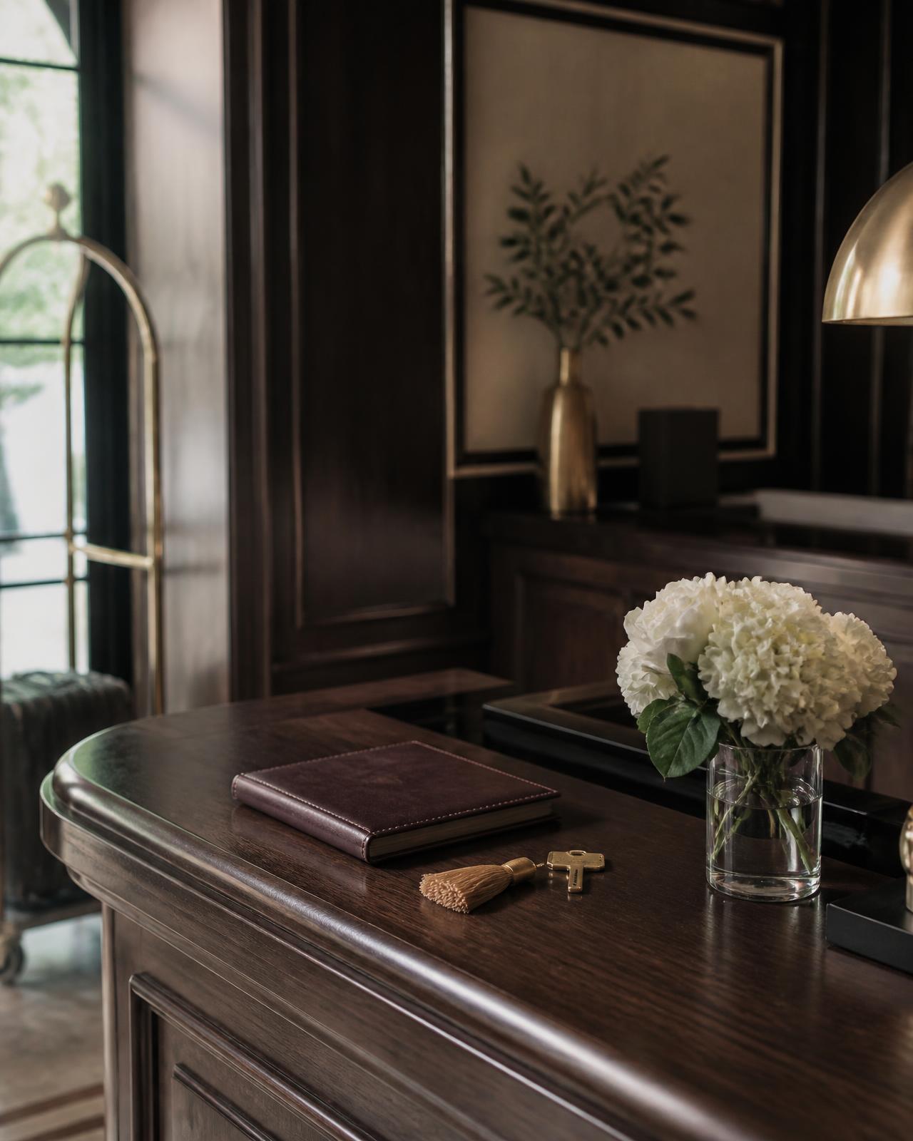 Hotel concierge desk with a leather book and room key