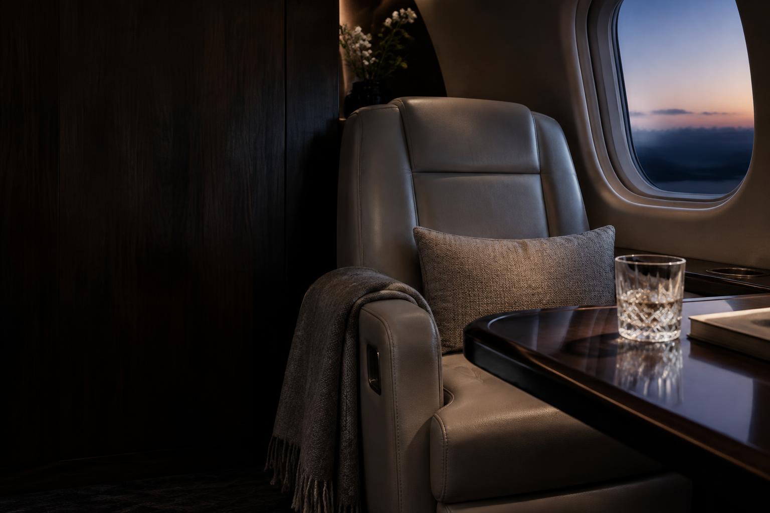 Quietly appointed private aircraft cabin at dusk